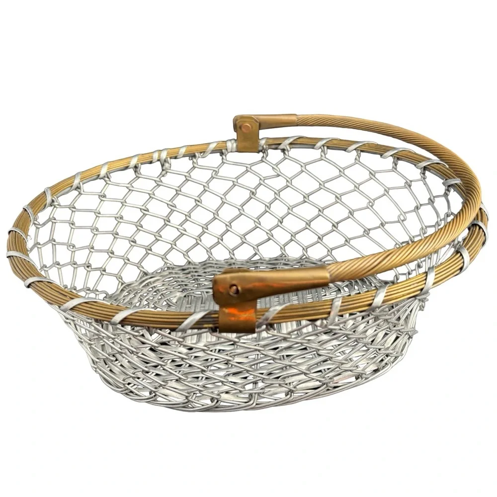 Vintage Mid-Century Silver & Gold Wire Basket with Hinged Handle